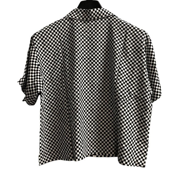 Terez Top Womens L White Black Check Button Front Cropped Shirt Racing Sporty - Picture 2 of 7